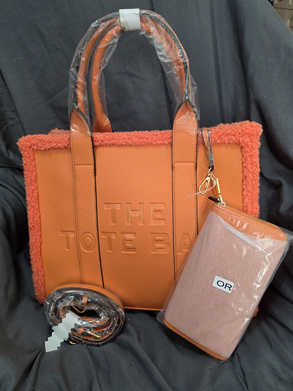 Orange Shearling Trim "The Tote Bag" with Detachable Wallet